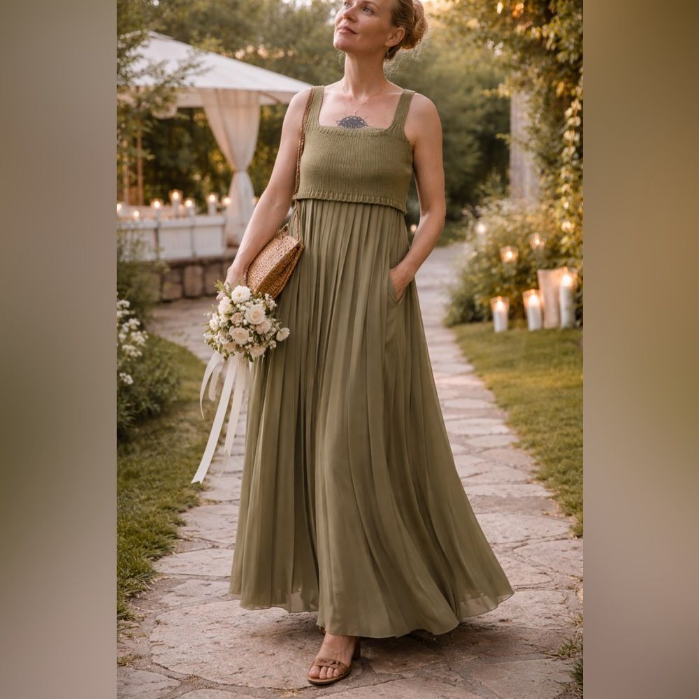 Mare Mare x Anthropologie Olive Green Pleated Maxi Dress XS